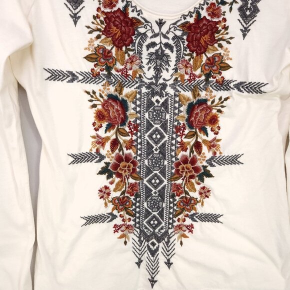 Johnny Was Zaret Long Sleeve Shirt Size Small Embroidered Floral Front Ivory Tee - Picture 4 of 13